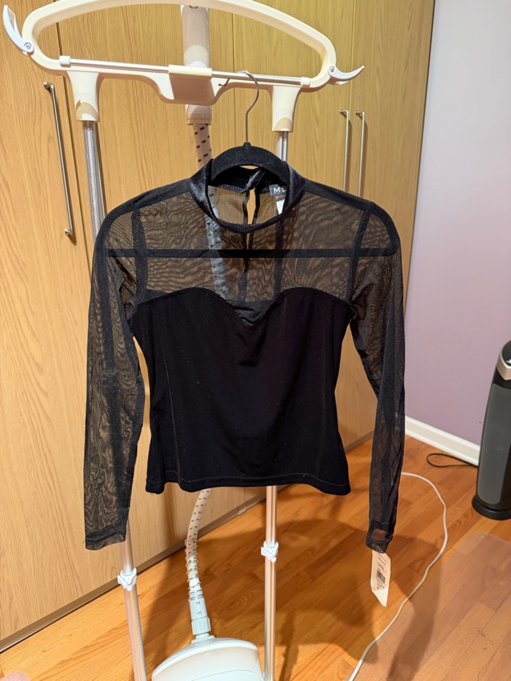 MSK Black Velvet Bustier Illusion Mesh Long-Sleeve Top